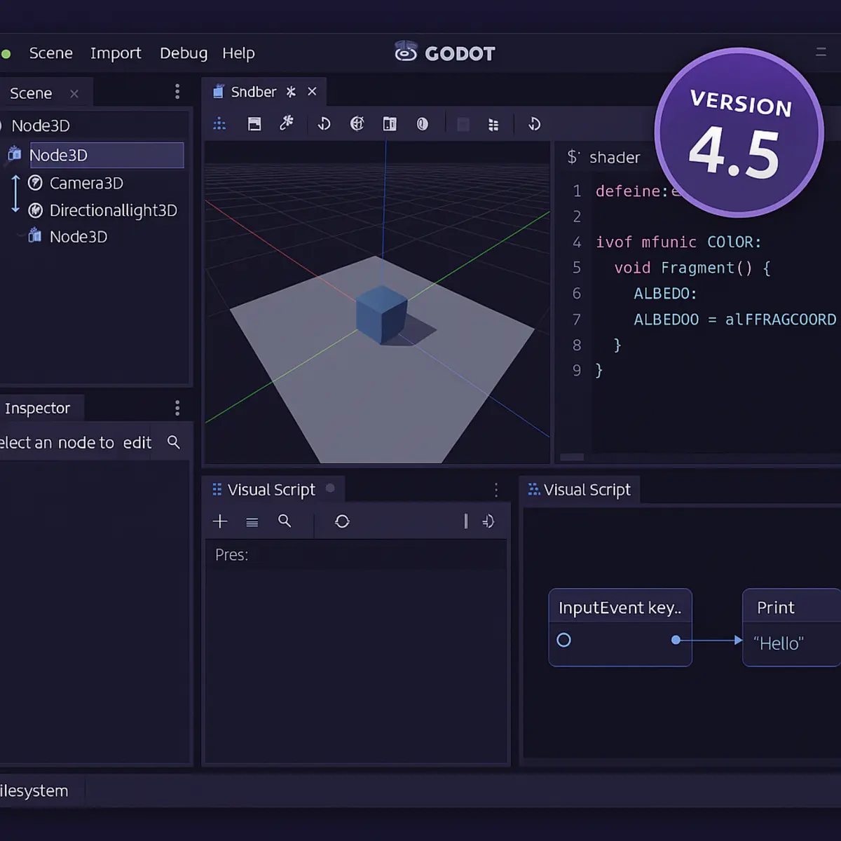 Interface do Godot Engine 4.5 mostrando as novas funcionalidades