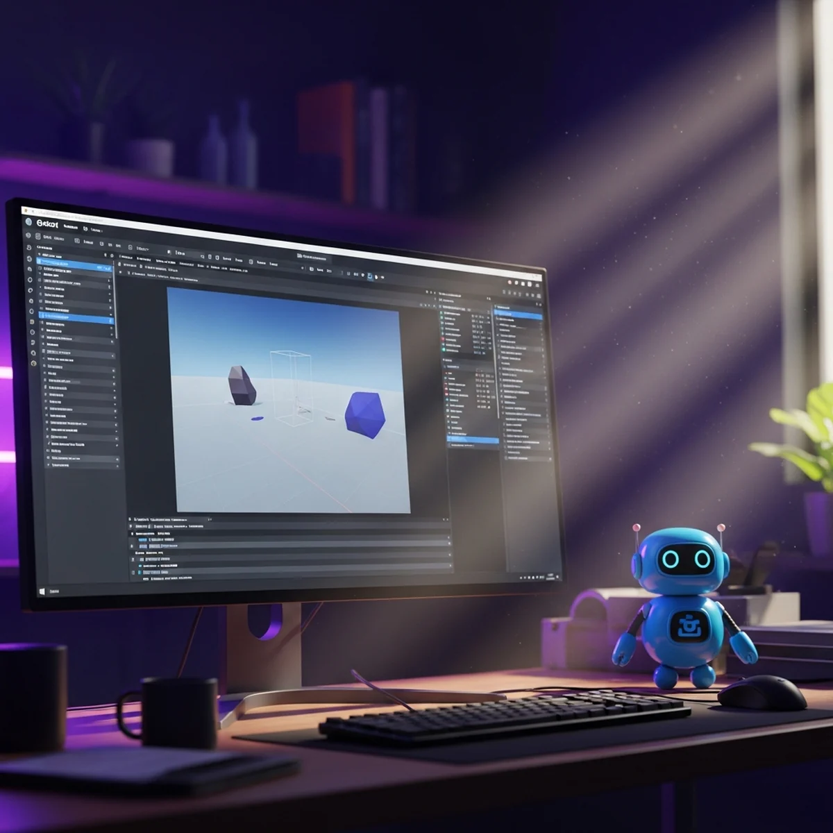 Tela do editor da Godot com a game view embutida ao lado da árvore de cena de um projeto