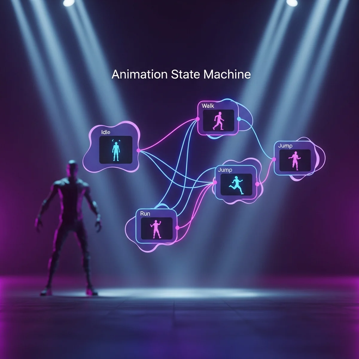 Grafo do AnimationTree do Godot conectando estados de idle, andar, correr e pular