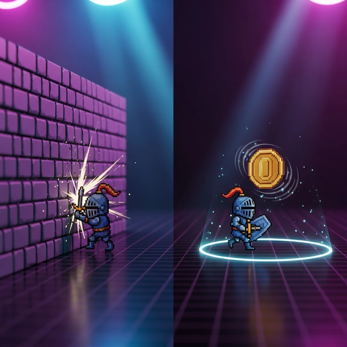 Cena de jogo 2D mostrando um personagem colidindo com uma parede e atravessando uma zona de detecção