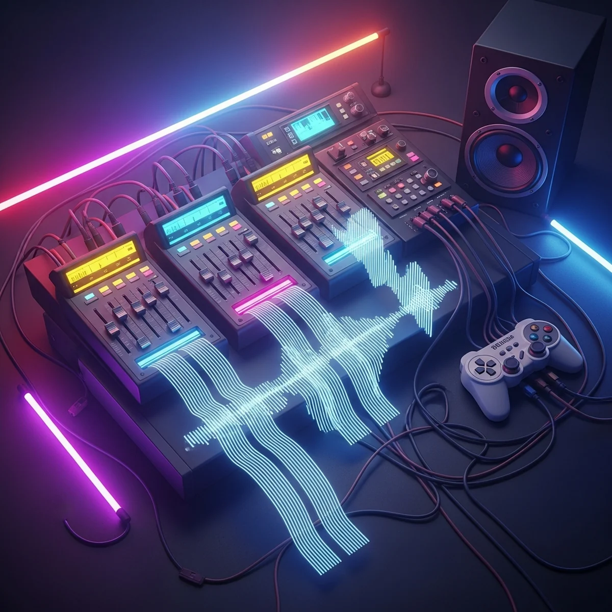 Mesa de mixagem estilizada representando os audio buses do Godot com canais de música e efeitos