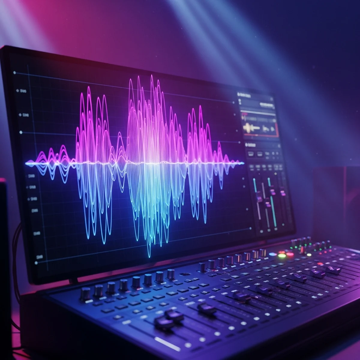 Interface de mixagem de áudio com faixas de música e efeitos em um projeto de jogo