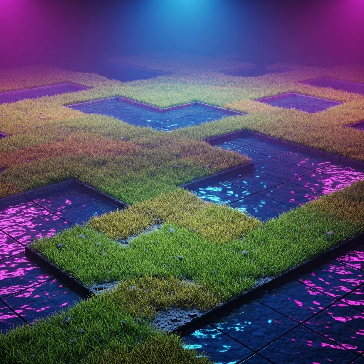 Mapa 2D em pixel art com terrenos de grama e água se conectando com bordas suaves, sem texto