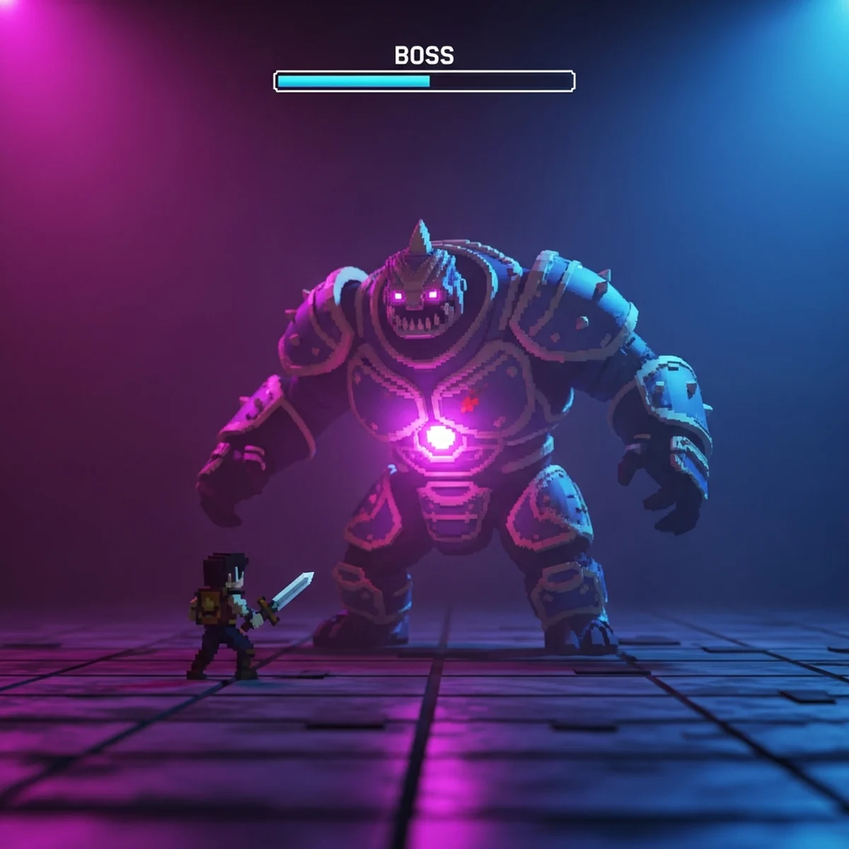Pixel art de um herói pequeno enfrentando um chefe gigante blindado em arena 2D, com barra de vida do boss no topo da tela