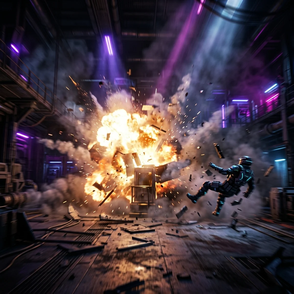 Cena 2D com efeito de tremor de tela e motion blur na câmera após um impacto de explosão