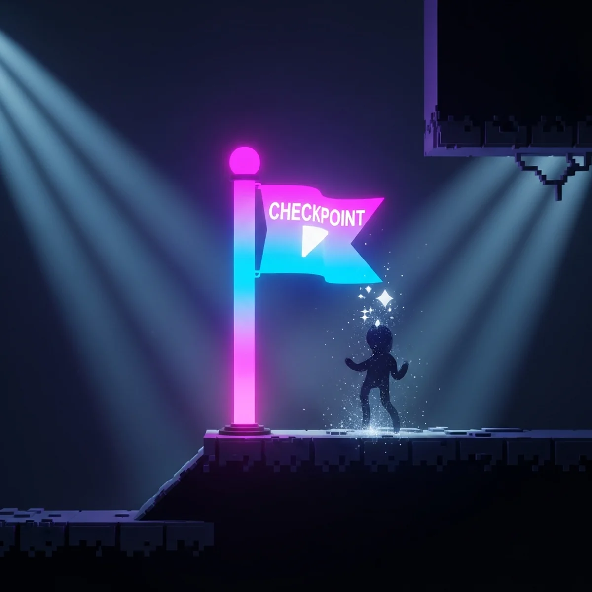 Personagem 2D tocando uma bandeira de checkpoint dentro do editor do Godot