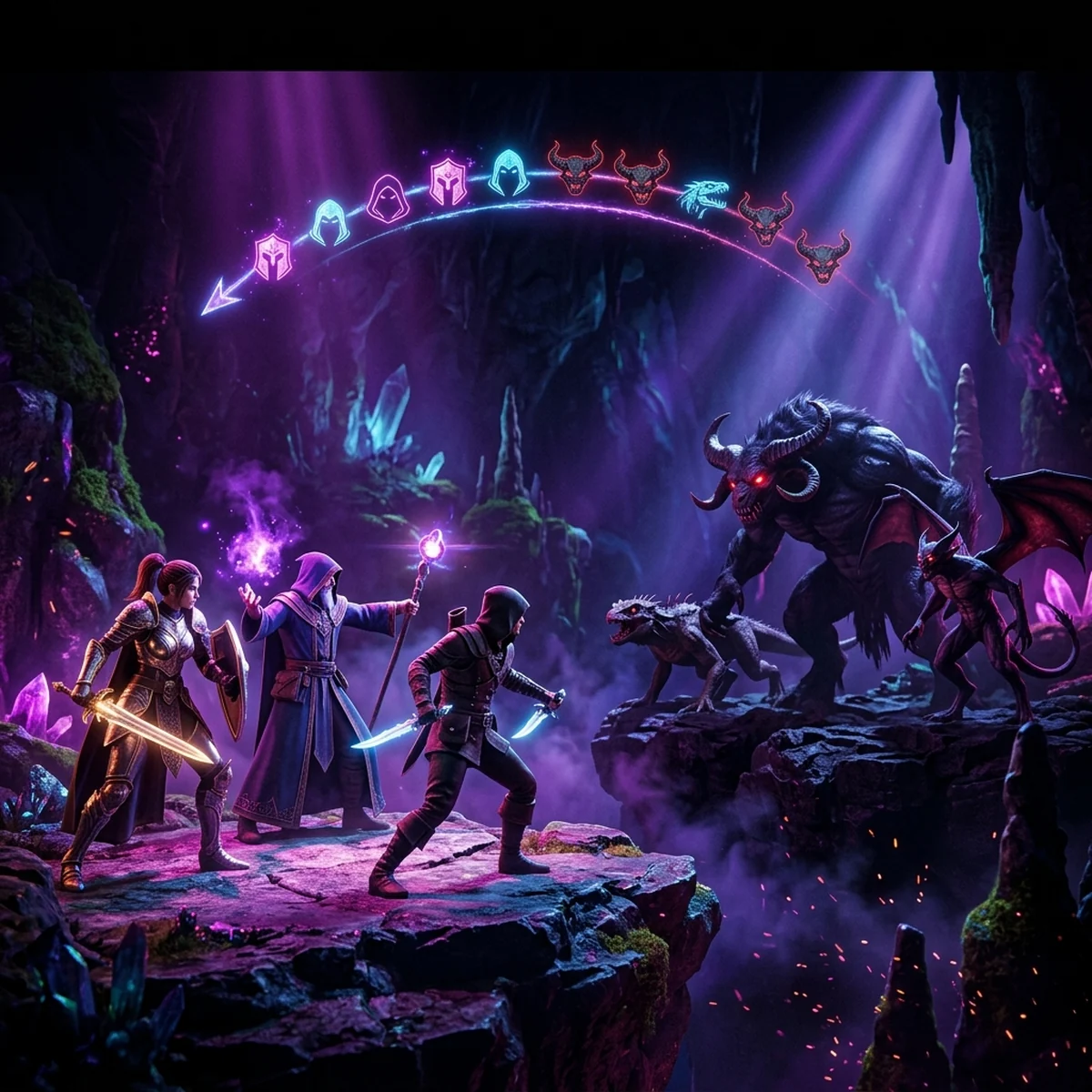 Cena de uma batalha de RPG por turnos 2D, heróis de um lado e inimigos do outro