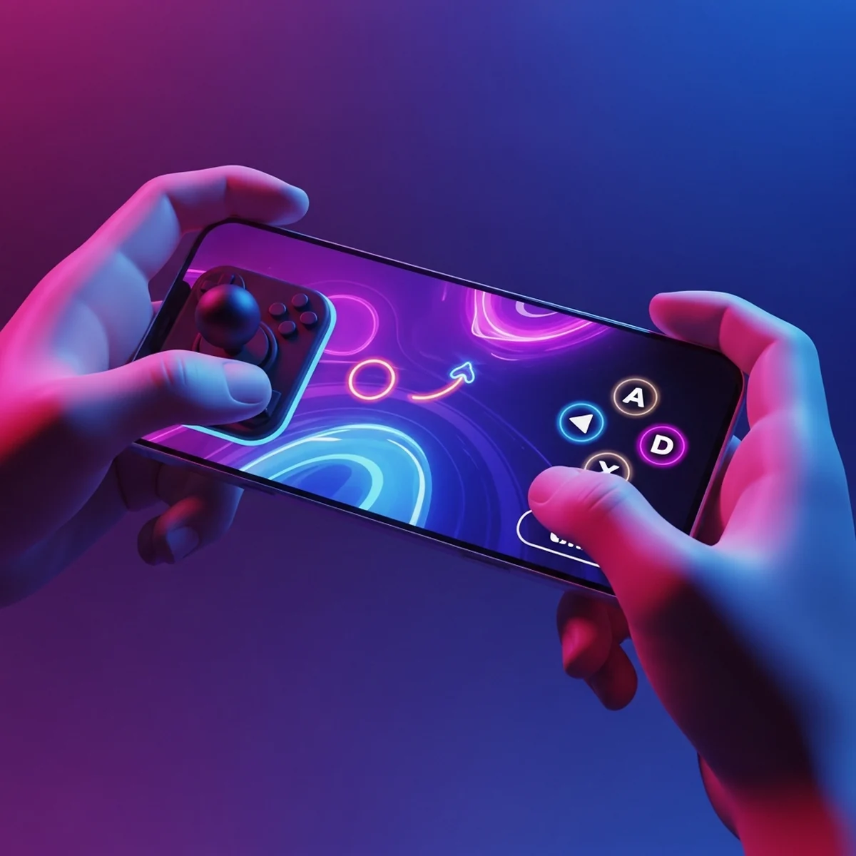 Tela de celular mostrando um joystick virtual analogico e botoes touch sobre um jogo no Godot 4