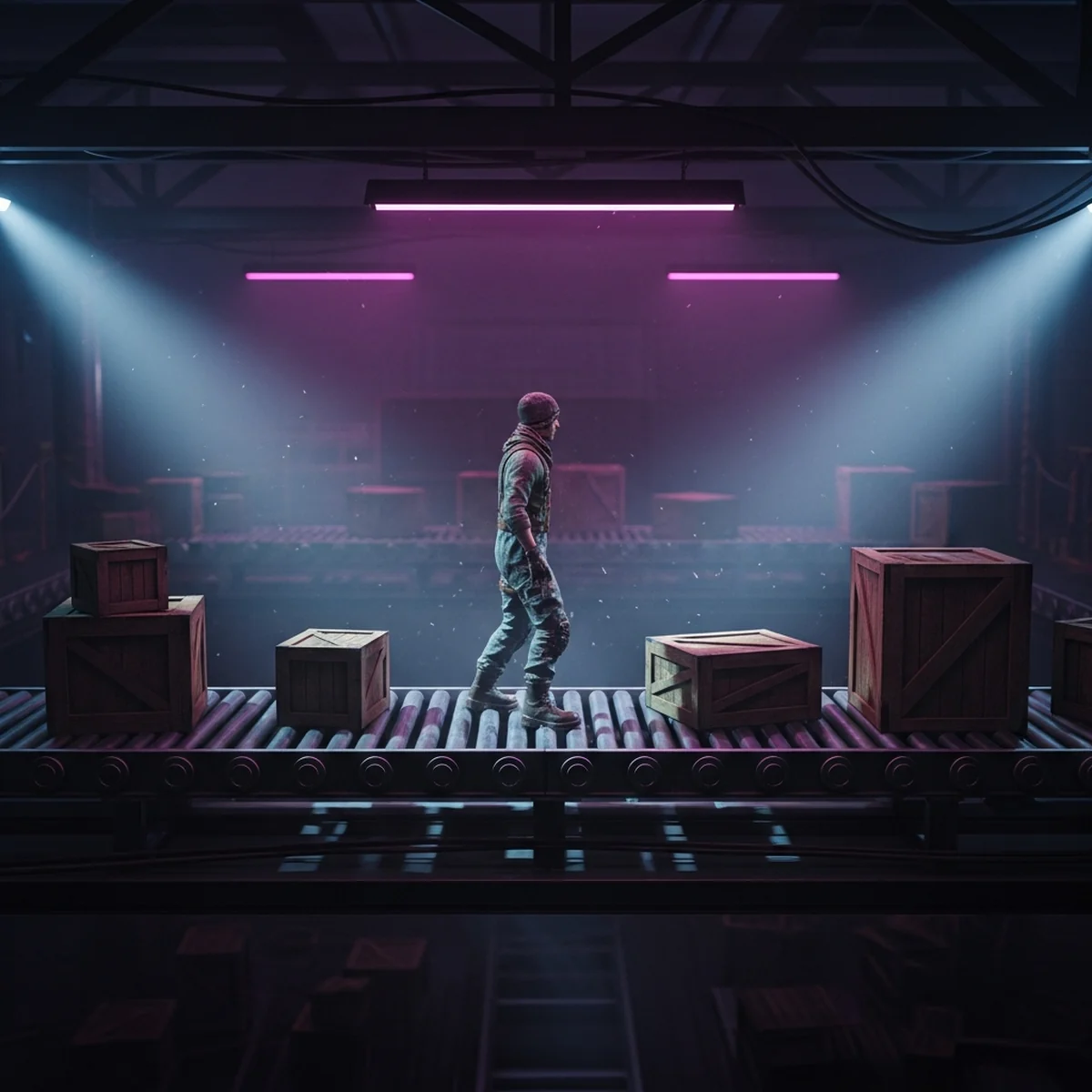 Personagem 2D em cima de uma esteira transportadora sendo empurrado lateralmente em um cenario industrial.