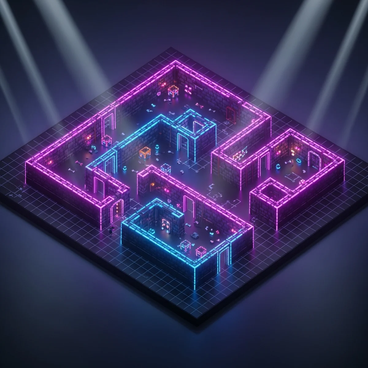 Mapa de dungeon 2D visto de cima com salas retangulares conectadas por corredores estreitos, em pixel art