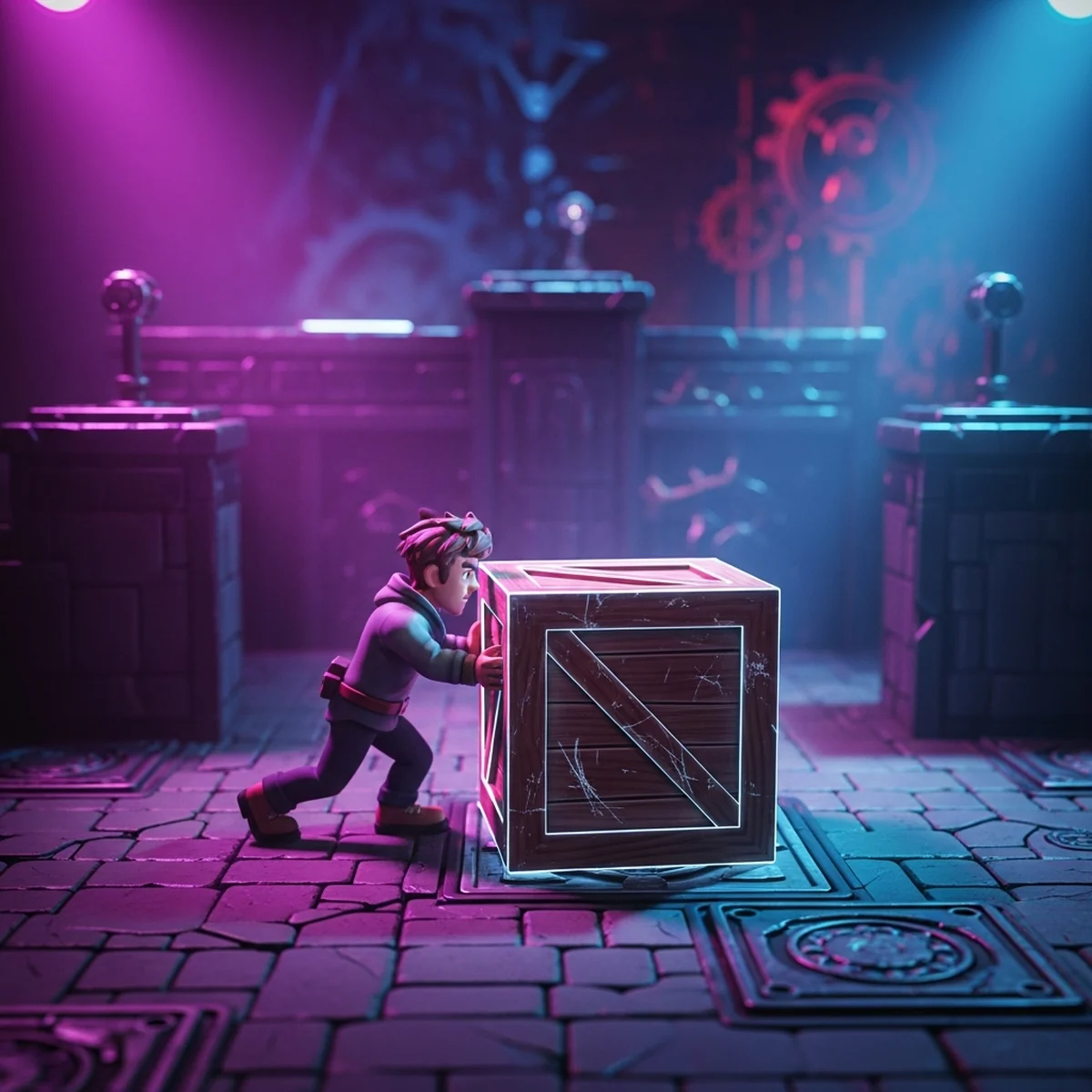 Personagem 2D empurrando uma caixa de madeira sobre o chão de pedra em um nível de plataforma no Godot.