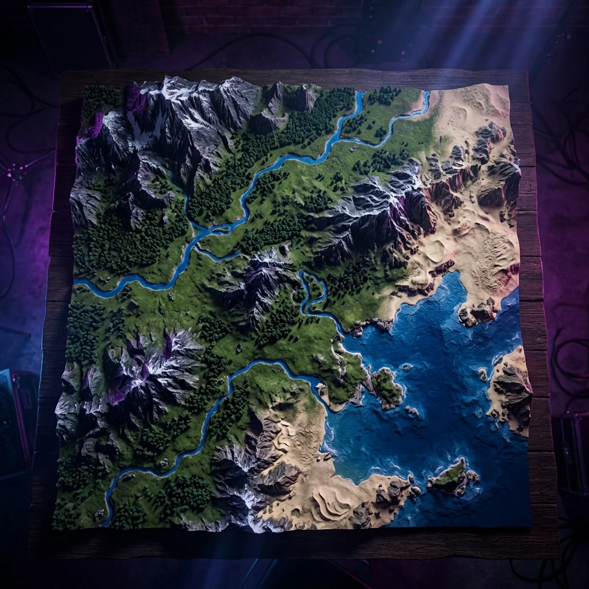 mapa de terreno gerado por computador com regiões de água, areia, grama e montanha
