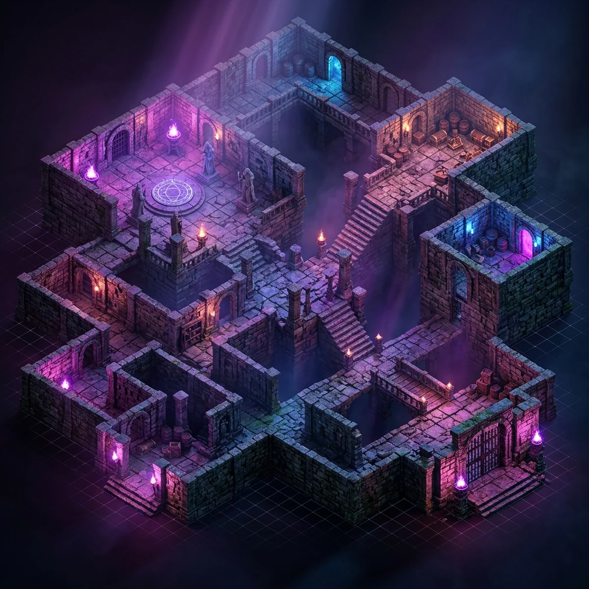 Nível de dungeon 3D montado com blocos modulares em grade dentro do editor de uma game engine, vista isométrica
