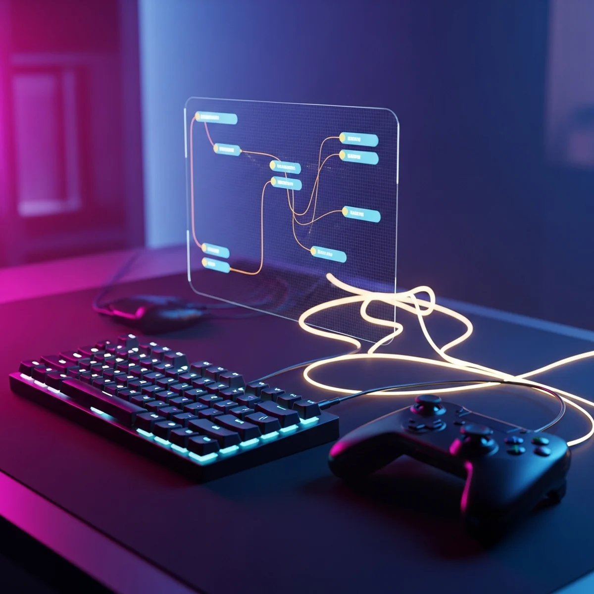 Teclado e controle de videogame conectados a um painel de mapeamento de ações no Godot