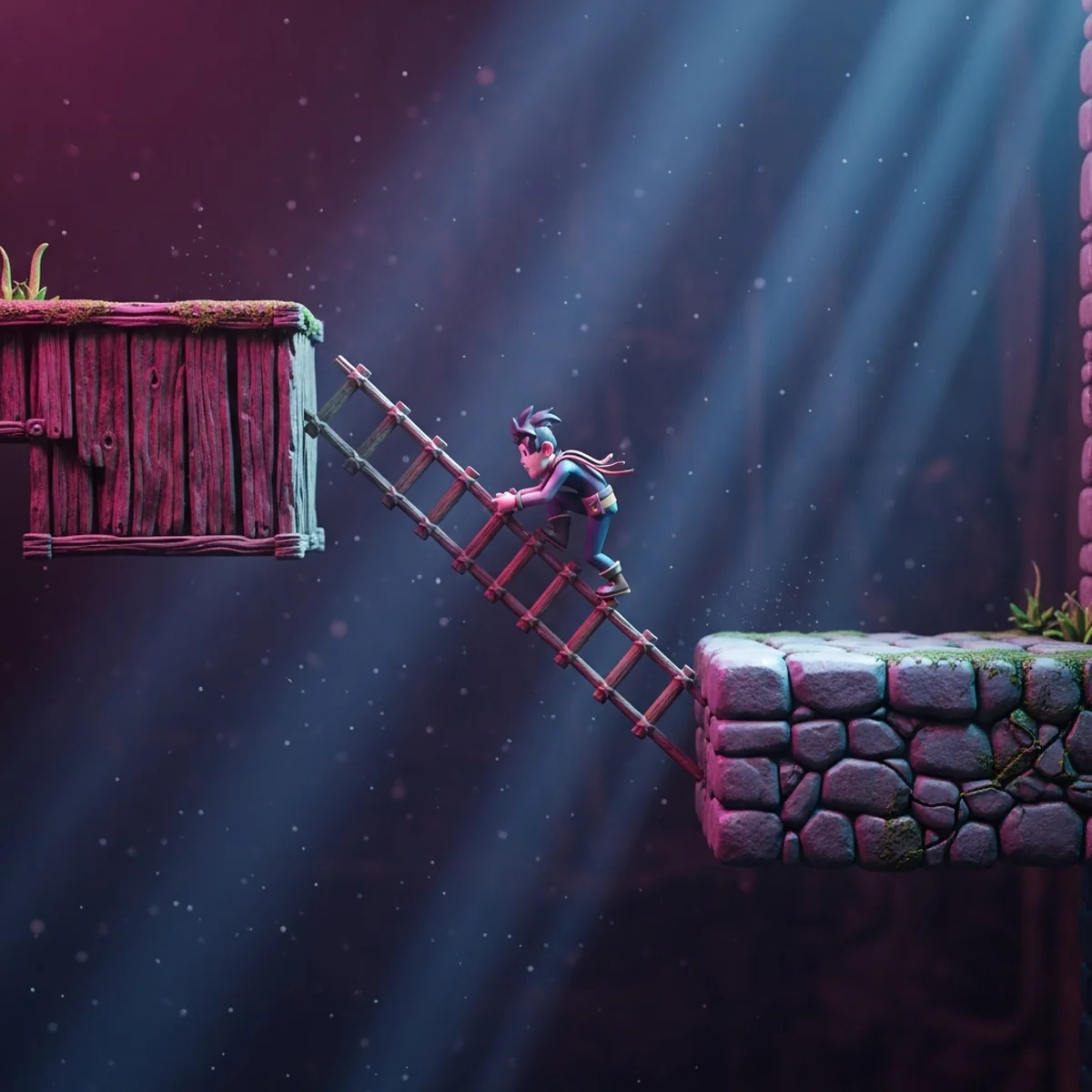 Personagem pixel art subindo uma escada de madeira entre duas plataformas em um jogo 2D
