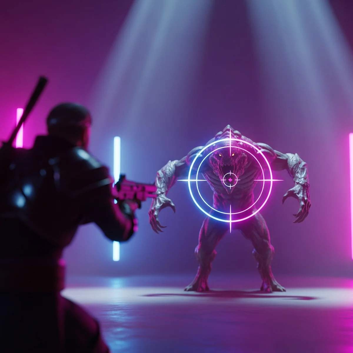 Personagem 3D com mira travada em um inimigo, mostrando sistema de lock-on na Godot 4