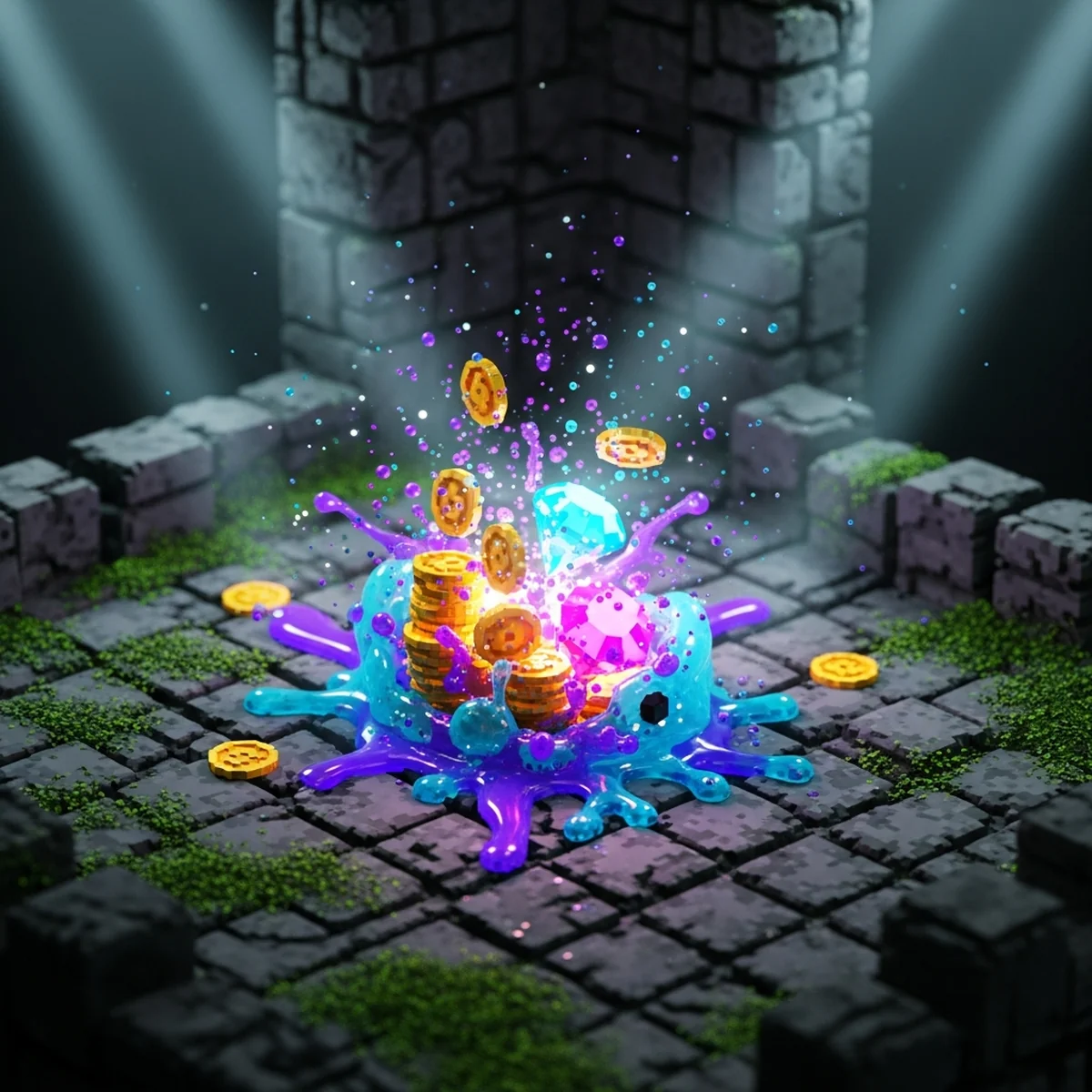 Inimigo derrotado soltando moedas e itens espalhados no chao em um jogo feito com Godot