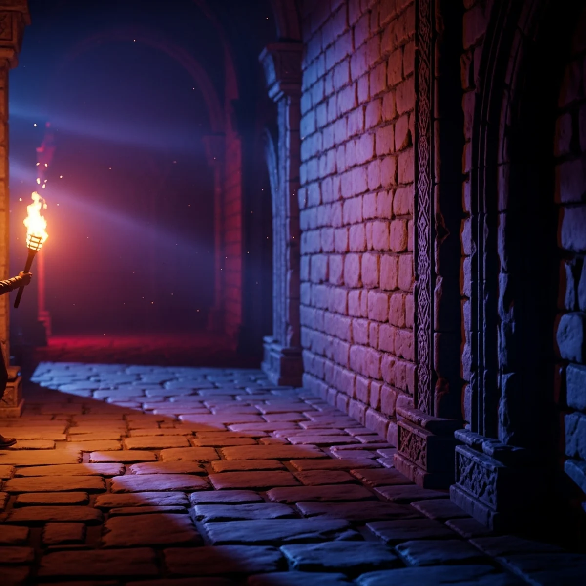 Cena de jogo 2D à noite com uma tocha iluminando paredes de pedra e projetando sombras suaves no chão
