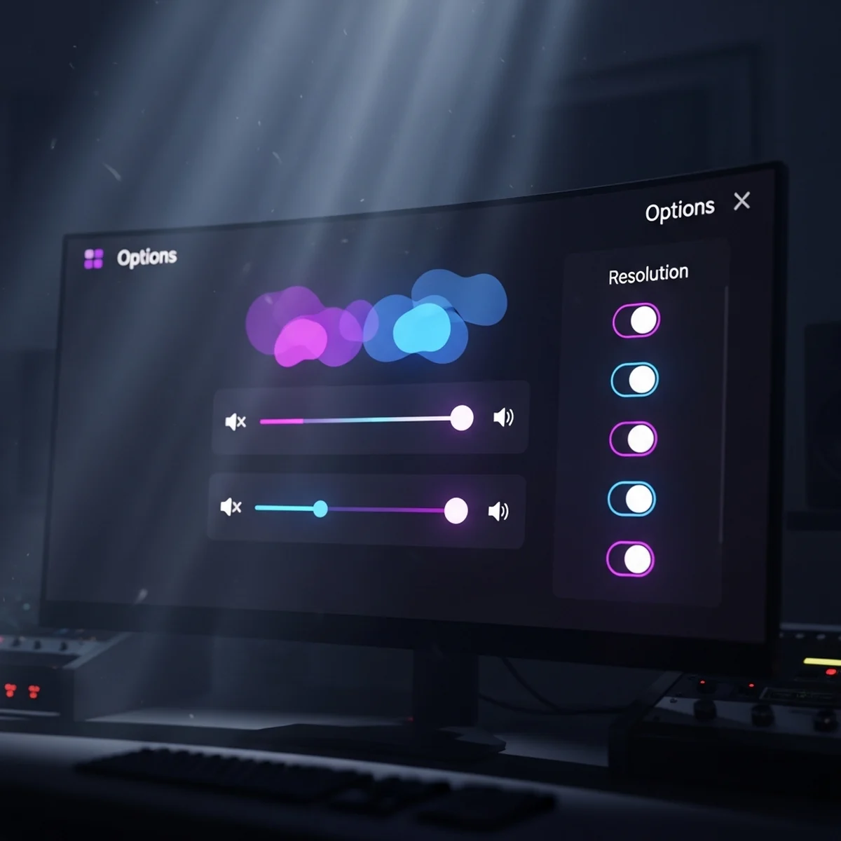 Tela de configurações de um jogo na Godot 4 com sliders de volume e opções de vídeo