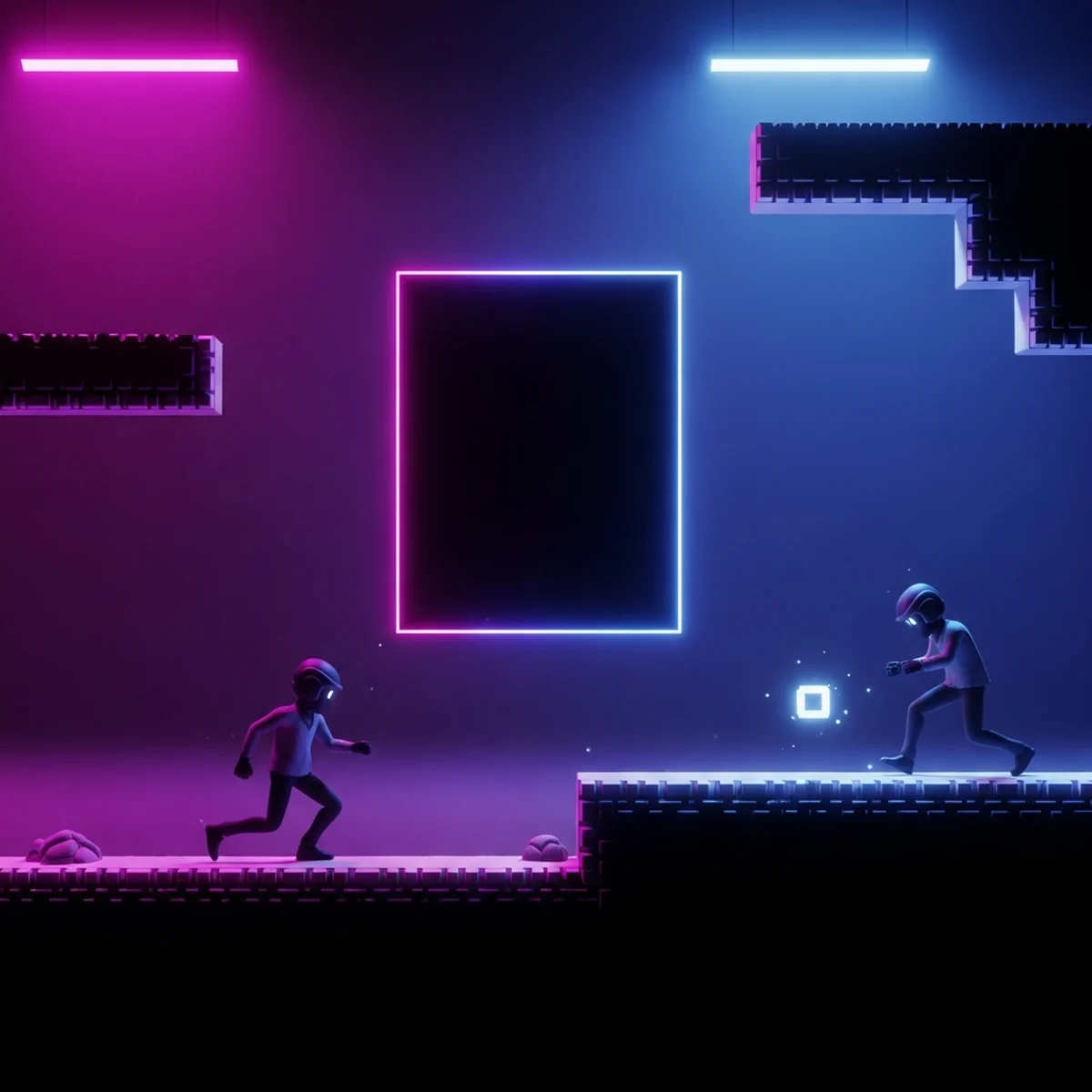 Tela de um jogo 2D congelada ao fundo com um painel de menu semitransparente por cima contendo tres botoes empilhados na vertical
