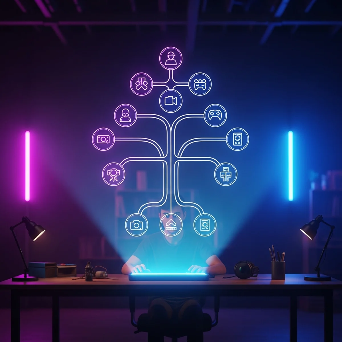 Ilustração de uma árvore de cena do Godot com nodes conectados em hierarquia