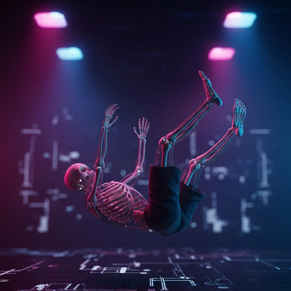 Personagem 3D humanoide caindo desengonçado no editor da Godot com formas de colisão de cápsula visíveis nos ossos