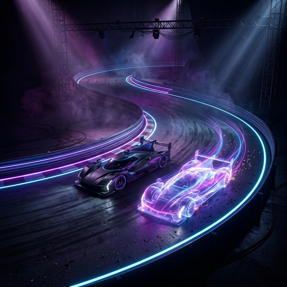 Carro azul correndo ao lado de um fantasma translúcido em uma pista top-down na Godot 4