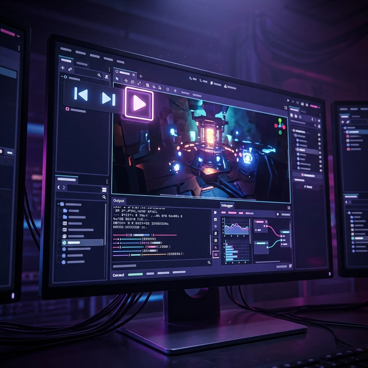 Editor da Godot rodando um jogo com o painel Output e o debugger visíveis na parte de baixo
