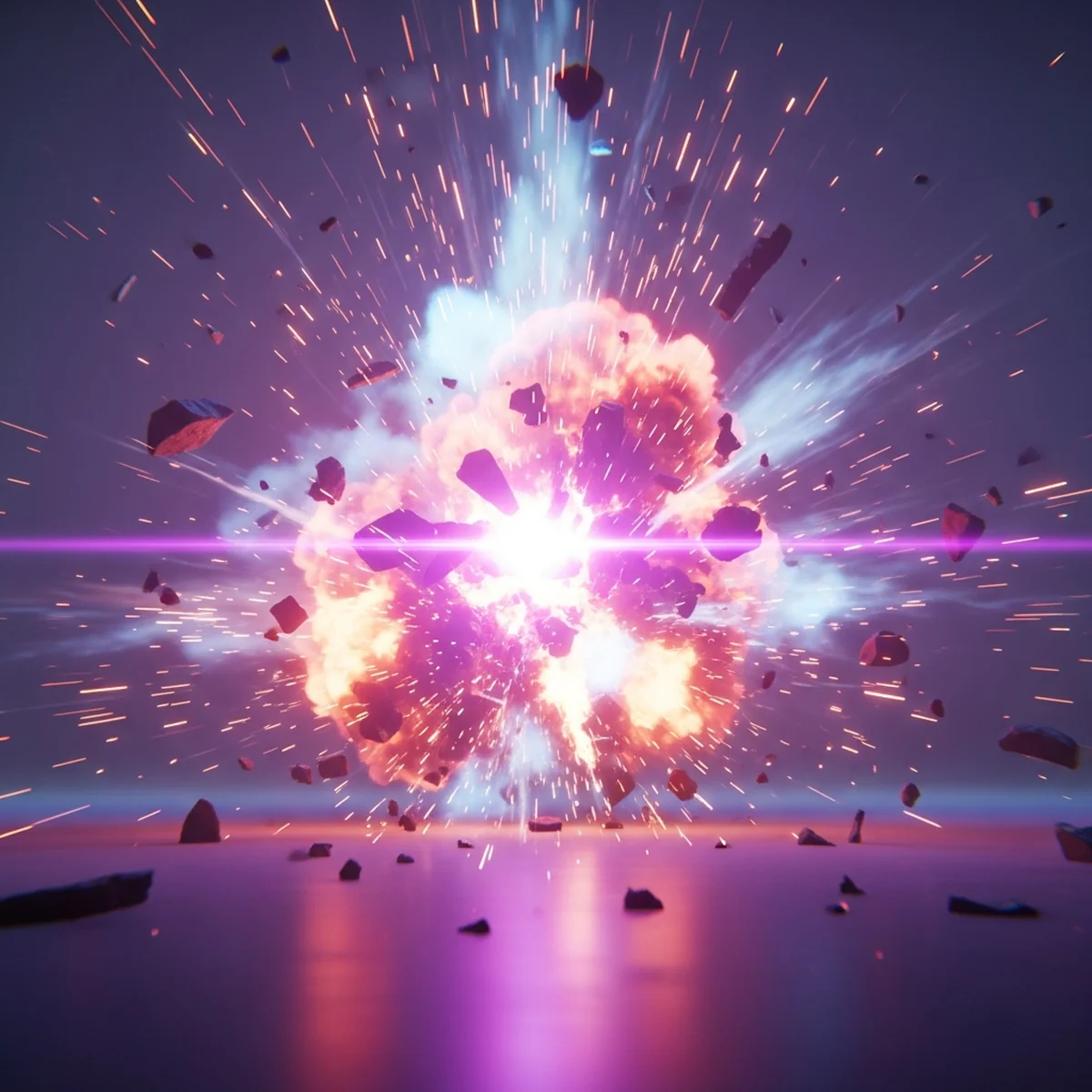 Cena de jogo 2D com a câmera tremendo durante uma explosão, com linhas de impacto ao redor da tela