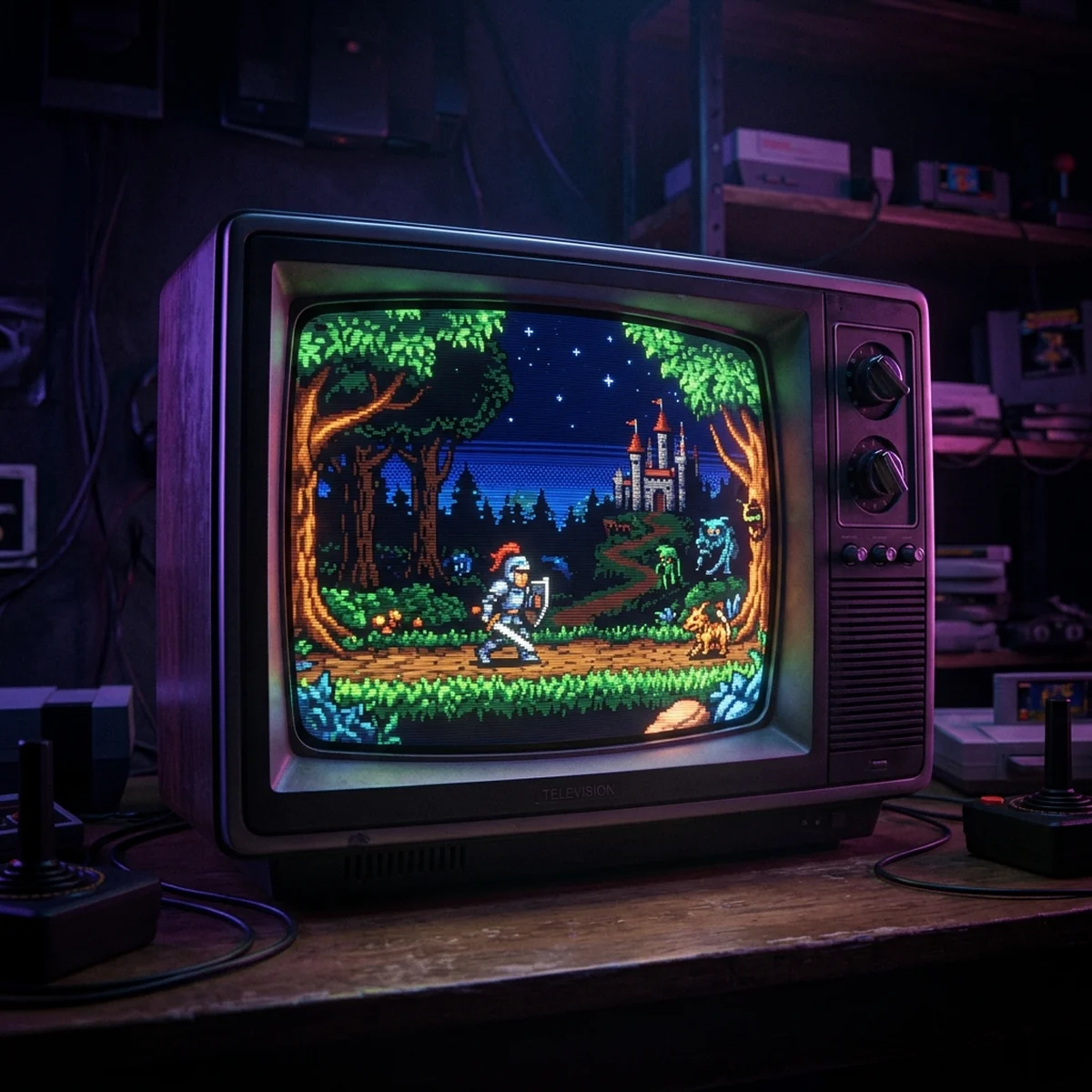 Cena de jogo pixel art vista atraves de uma tela CRT curva com linhas horizontais escuras e cantos escurecidos