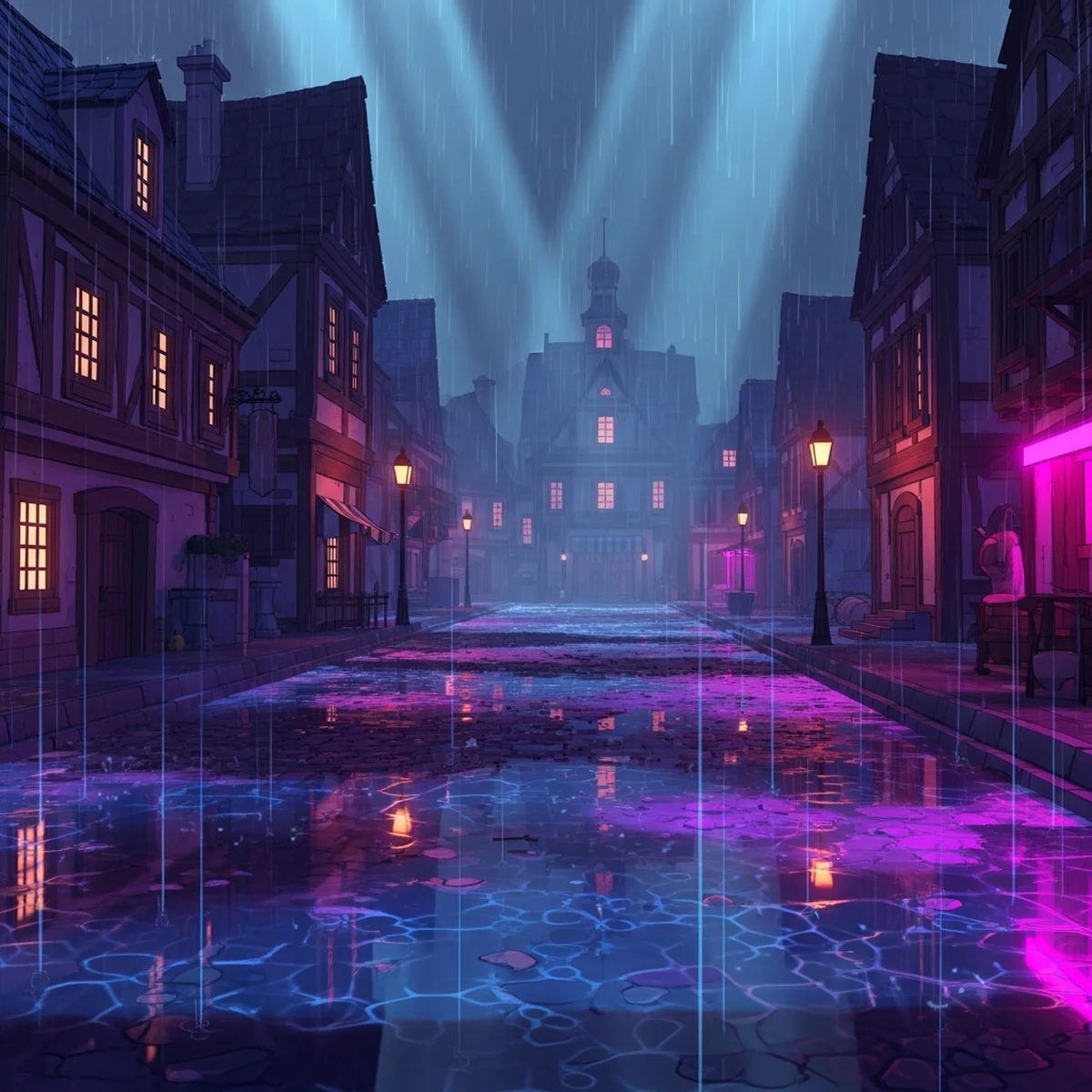Cena de jogo 2D com chuva caindo em diagonal e ambiente escurecido por um tom azulado