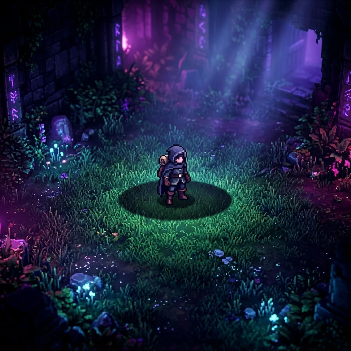 Personagem pixel art com uma sombra eliptica achatada e semitransparente no chao embaixo dos pes