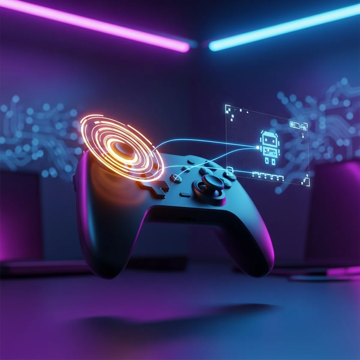 Gamepad flutuando em um ambiente de desenvolvimento de jogos com anéis de luz saindo do analógico
