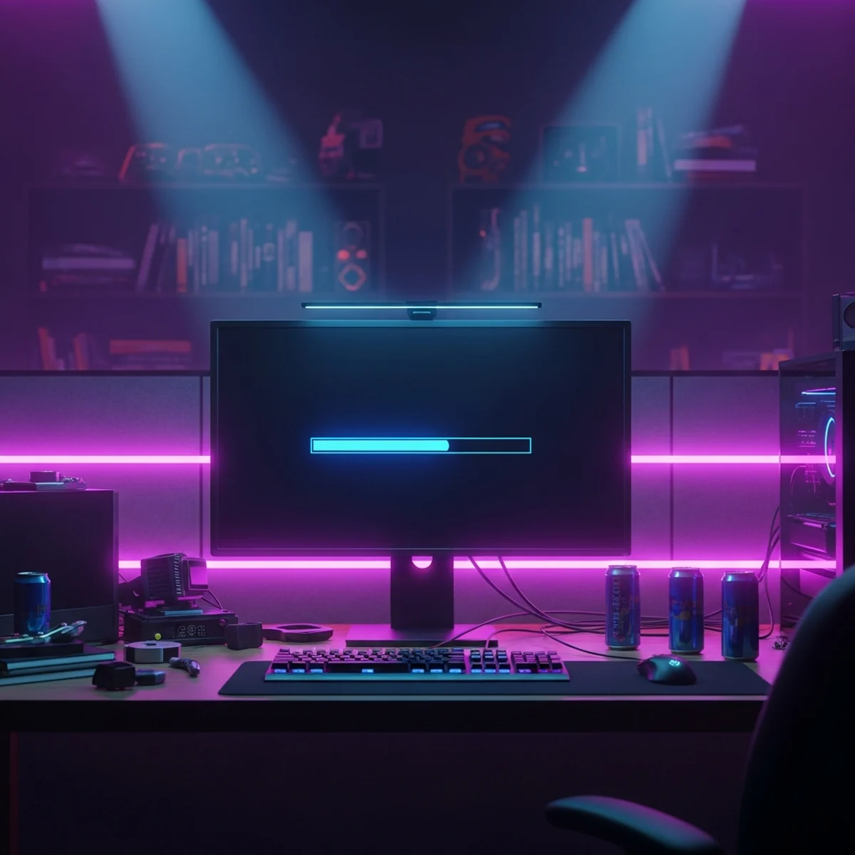 Cena de loading em um jogo com barra de progresso preenchendo na tela