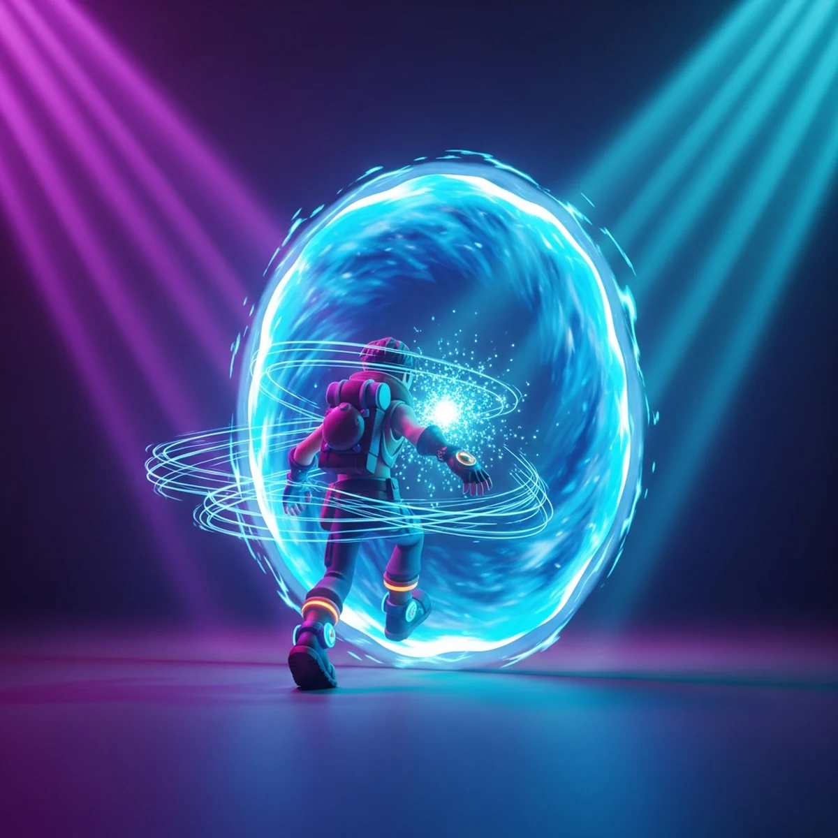 Dois portais brilhantes conectados em uma fase de plataforma 2D com o player atravessando.