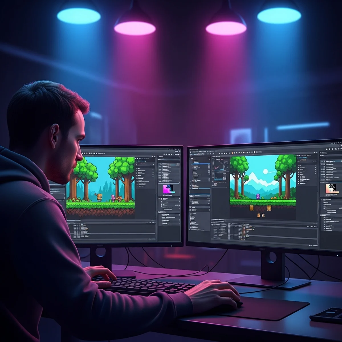Duas telas de engine de jogo 2D lado a lado durante o desenvolvimento de um jogo, com cena e código visíveis, sem texto na imagem