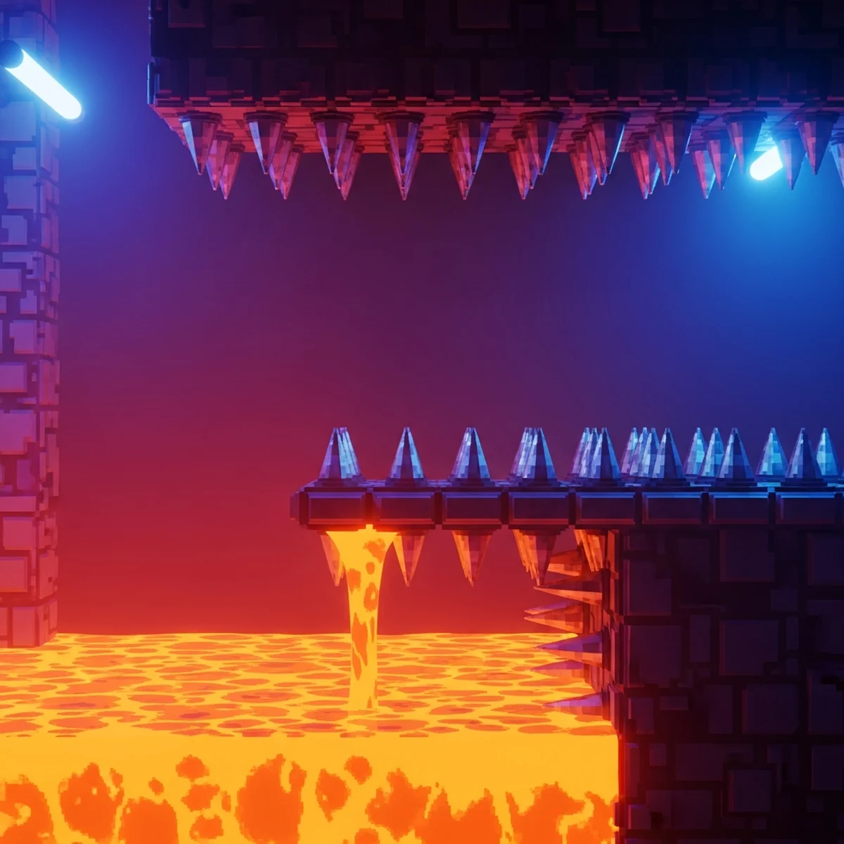 Personagem 2D pulando sobre espinhos e poca de lava em um nivel de plataforma