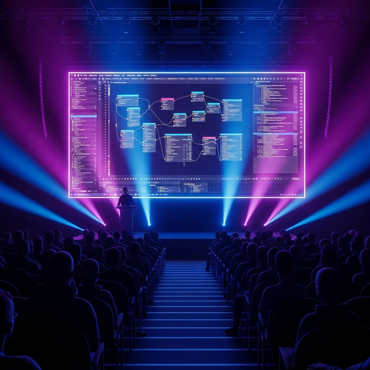 Palco de conferência com o logo da Godot Engine em telão, representando a GodotCon Boston 2026