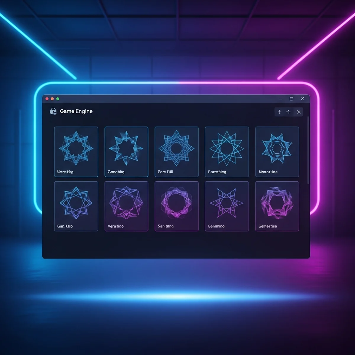 Tela de um launcher de aplicativos com uma lista de versoes de uma engine de jogos e cartoes de projetos organizados