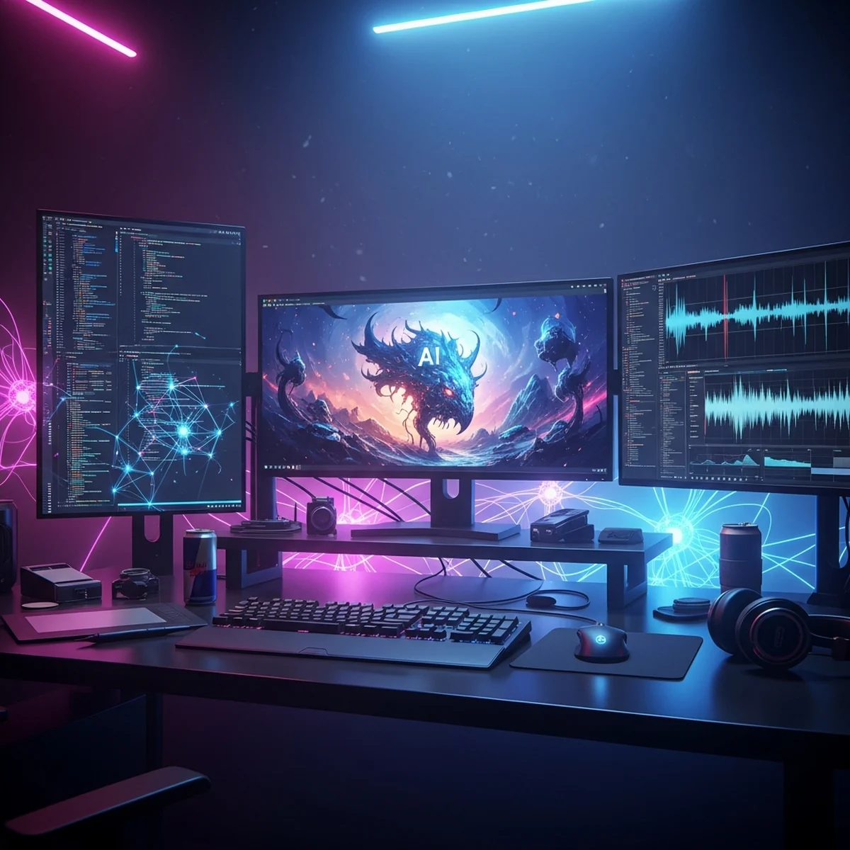 Mesa de dev indie com tablet de desenho, fones, teclado e rascunhos de personagens espalhados, sem texto
