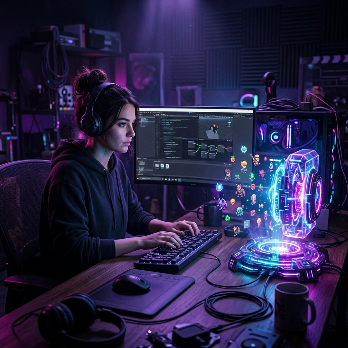 Mesa de desenvolvedor de jogos com um monitor mostrando codigo, esbocos de personagem e uma faixa de audio ao lado de anotacoes de ideias