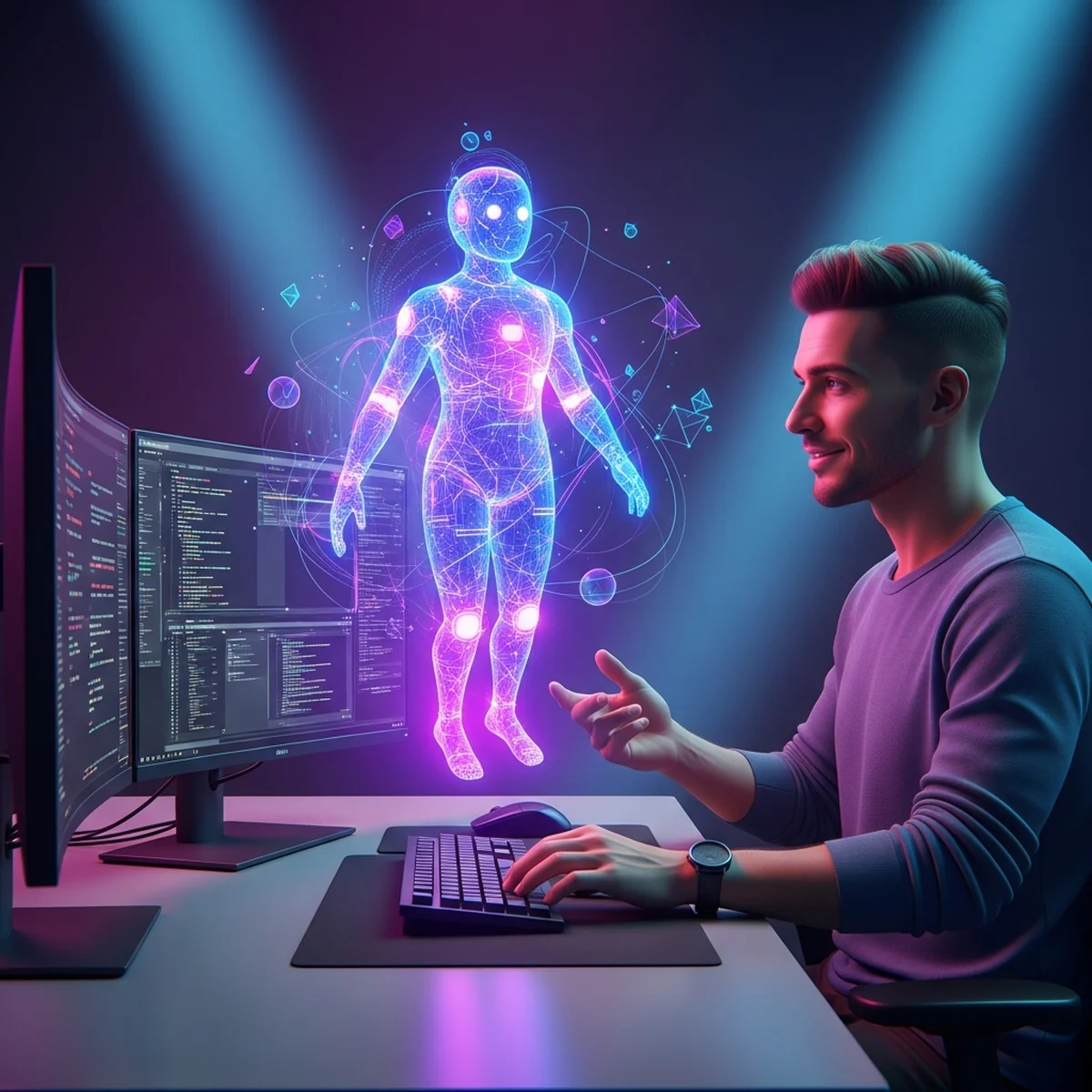 Pessoa programando um jogo no computador com uma ferramenta de inteligencia artificial aberta ao lado