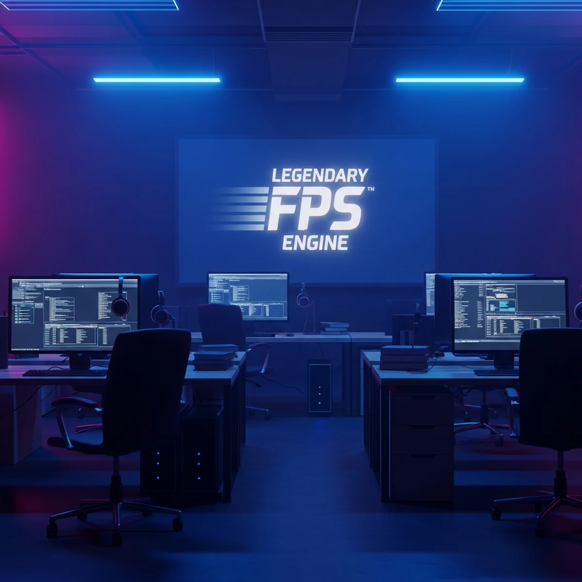 Escritório de estúdio de jogos com mesas vazias, monitores desligados e caixas de papelão empilhadas, iluminado pela luz fria do fim de tarde