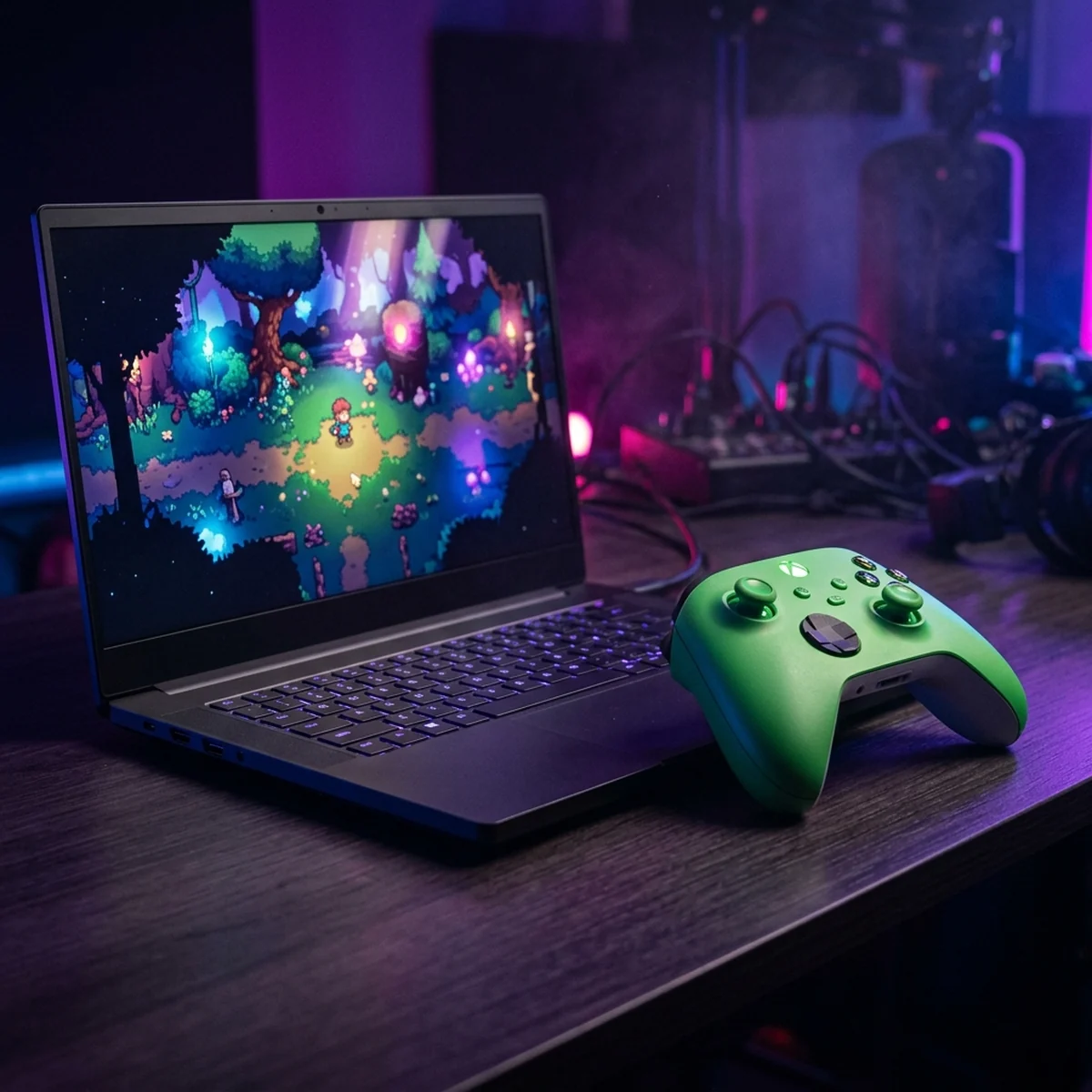 Um controle de Xbox ao lado de um notebook com um jogo indie na tela, sem texto