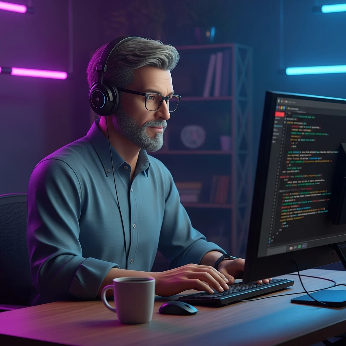Pessoa adulta sentada à escrivaninha à noite estudando desenvolvimento de jogos no computador depois do trabalho