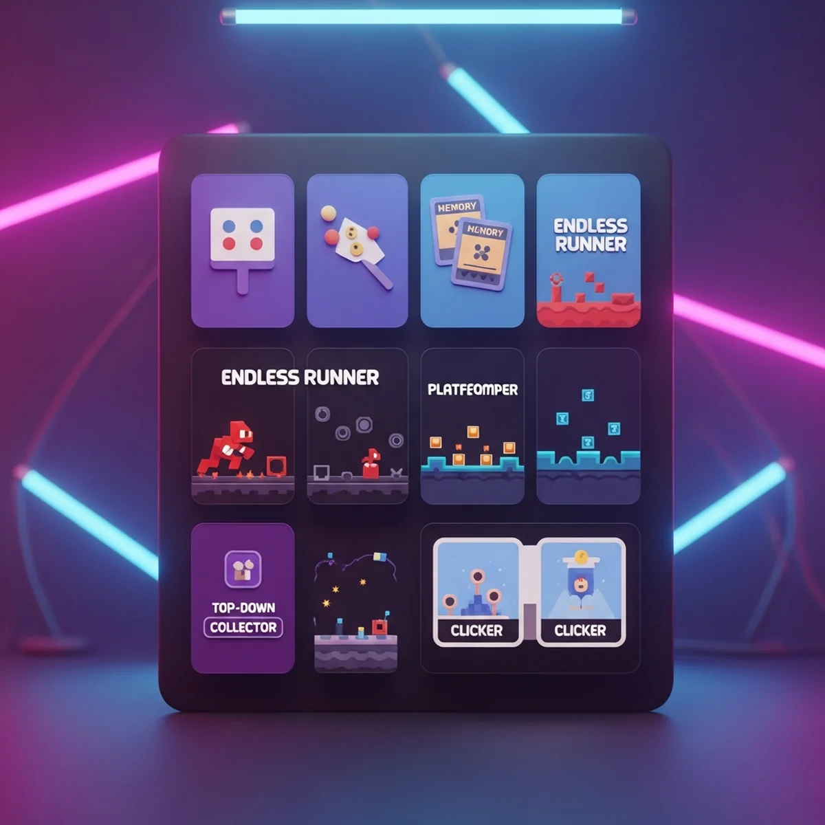 Grade com sete miniaturas coloridas de jogos simples: pong, jogo da memoria, endless runner, breakout, coletor top-down, plataforma e clicker