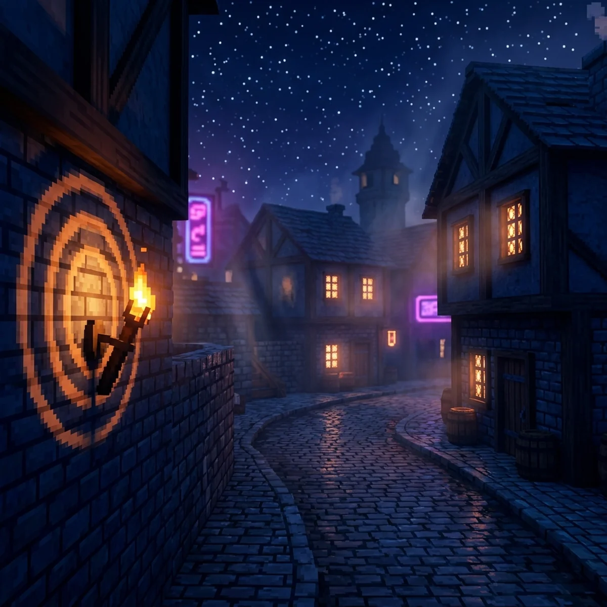 Mesma cena de pixel art de uma vila em três versões: dia, noite azulada e interior iluminado por tocha
