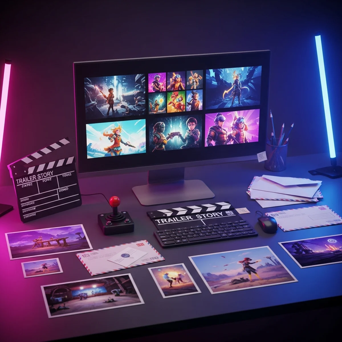 Mesa de trabalho de desenvolvedor indie com materiais de imprensa de um jogo organizados ao lado de um monitor