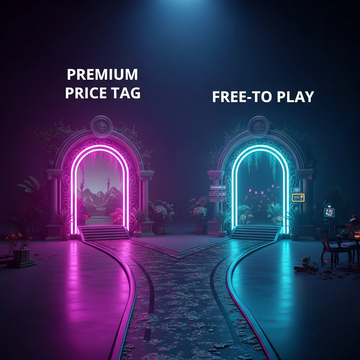 Balança comparando modelo de jogo pago premium e modelo free-to-play grátis