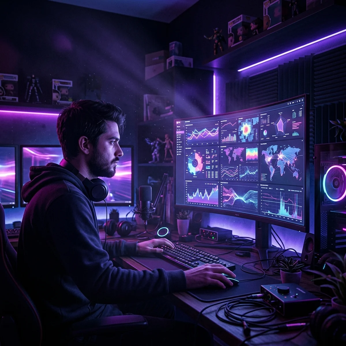 Desenvolvedor solo sentado à mesa observando um painel de jogo online ao vivo com gráficos de jogadores conectados